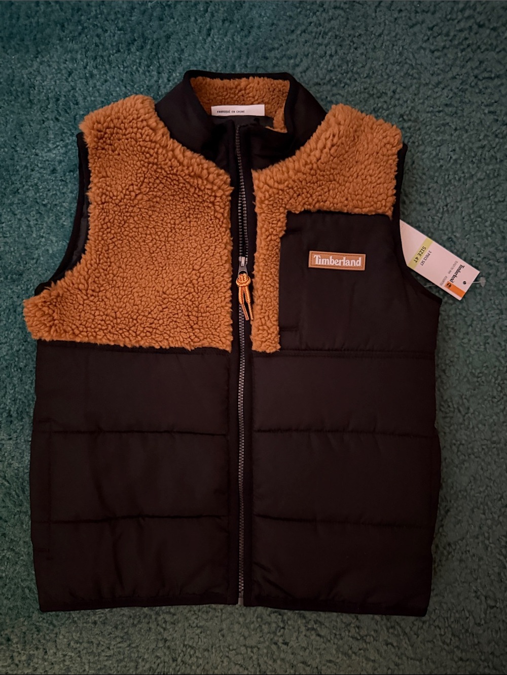 NWT Timberland Kids Two-Tone Sherpa Puffer Vest - Brown & Black